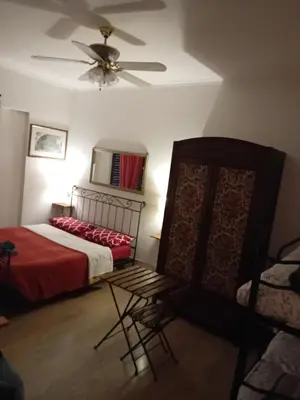 a bedroom with a bed with a ceiling fan and a chair at Roma Trastevere Station in Rome