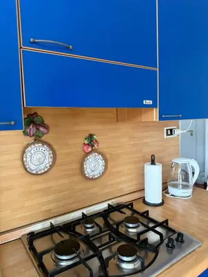 a kitchen with a stove top with a blue at Home of Joy - Vatican in Rome