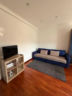 a living room with a blue couch and a television at Home of Joy - Vatican in Rome