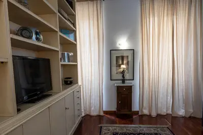 a living room with a flat screen tv and curtains at Appartamento Margherita 2 in Rome