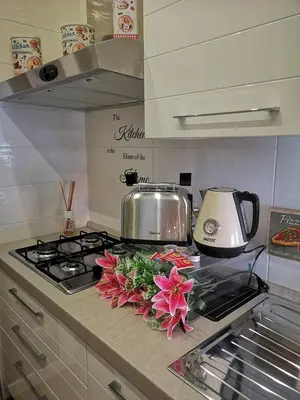a kitchen counter with a stove with flowers on it at Home K&Y - Aurelio in Rome