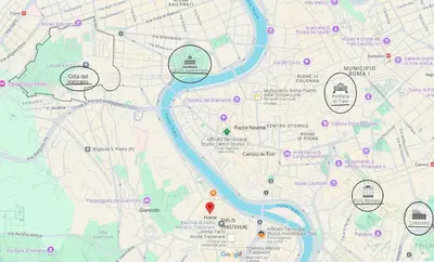 a map of a city with circled attractions at Il Rifugio di Trastevere in Rome
