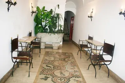 a room with tables and chairs and a large plant at Comfortable Apartment in the Heart of Rome, 65m², City View in Rome