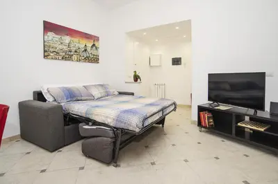 a room with a bed and a couch and a tv at Cosy Apartment 5 minutes from St Peter in Rome