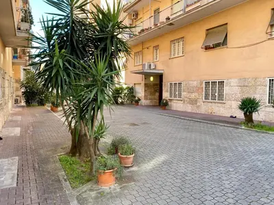 a courtyard with a palm tree in front of a building at Casa Alberto in Rome