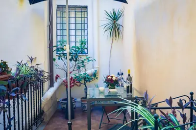 a patio with a table and some plants at Savelli Apartment in Rome