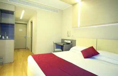 a bedroom with a large white bed with a red pillow at Hotel Il Cantico St. Peter in Rome