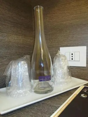 a glass bottle on a plate next to two plastic bags at Hotel Il Cantico St. Peter in Rome