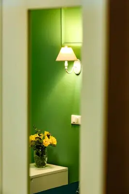 a green wall with a lamp and a vase of flowers at Lydka Domus in Rome