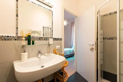 a white bathroom with a sink and a shower at DOMUS FORTUNAE VATICANO in Rome