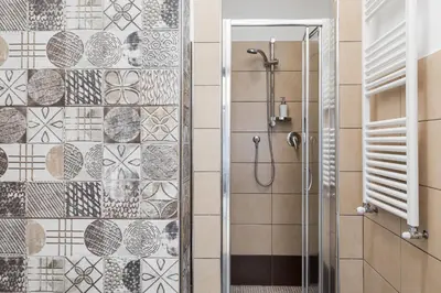 a shower in a bathroom with a tile wall at Nobile Casa St.Maria in Rome