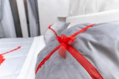 a red ribbon on a pillow on a bed at Silver Suite Coliseum in Rome