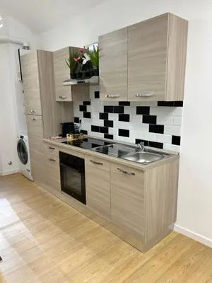 a kitchen with wooden cabinets and a sink in it at San Peter Vale House in Rome
