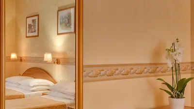 a bedroom with a mirror and a bed with towels at Hotel Washington in Rome