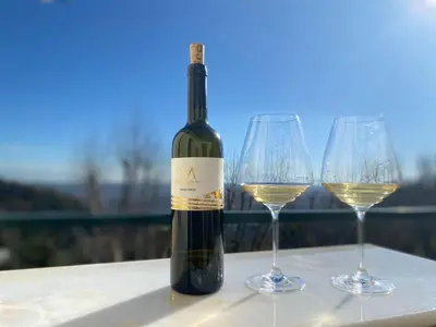 a bottle of wine sitting on a table with two wine glasses at Monastero dei Santi in Rome