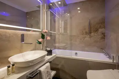 a bathroom with a sink and a bath tub at Hotel La Place Roma in Rome
