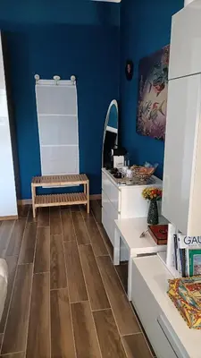 a room with blue walls and a wooden floor at Colombo Holidays APT in Rome