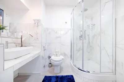 a bathroom with a shower and a toilet and a sink at White Panoramic Jacuzzi Suite Trastevere in Rome