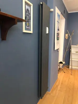 a hallway with a blue wall with a black radiator at B&B Affaccio sul Vaticano in Rome