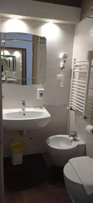 a bathroom with a sink and a toilet and a mirror at Rome Travellers Hotel in Rome
