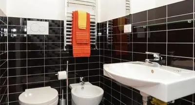 a black tiled bathroom with a sink and a toilet at B&B Villa Musa in Rome