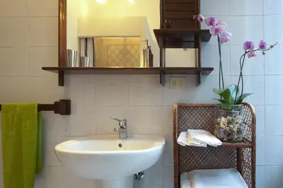 a bathroom with a sink and a mirror and flowers at Light of Rome in Rome
