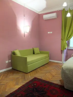 a green couch in a room with pink walls at Dimora Al 36 in Rome