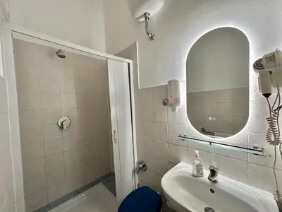 a bathroom with a sink and a mirror and a shower at Român Holidays in Rome