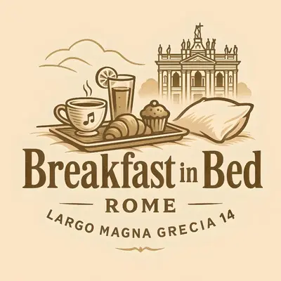 a banner with a breakfast in bed and a tray with coffee and cakes at Breakfast In Bed in Rome
