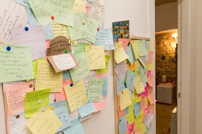 a wall covered with notes on a wall at All'Ombra Del Cupolone Guest House in Rome