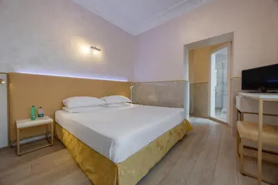 a bedroom with a large bed and a television at Hotel Palladium Palace in Rome