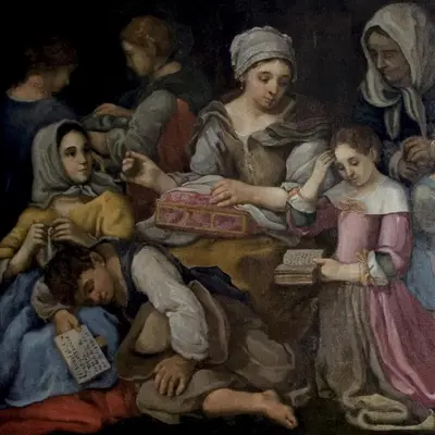 a painting of a group of people in auddle at Hotel Columbia in Rome