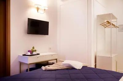 a bedroom with a bed and a desk and a tv at Hotel Silva in Rome
