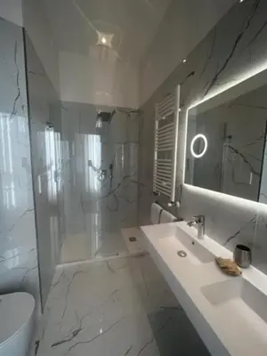 a white bathroom with a sink and a shower at Hotel Gabriella in Rome