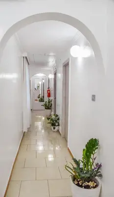 a hallway with potted plants and an archway at Hotel Sol Levante in Rome