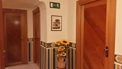a hallway with a door and a vase with sunflowers at Hotel Teti in Rome