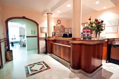 a lobby with a bar with a vase of flowers at Hotel Priscilla in Rome
