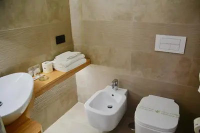 a bathroom with a white toilet and a sink at Hotel Giotto Flavia in Rome