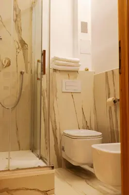 a bathroom with a shower and a toilet and a sink at Hotel Giotto Flavia in Rome