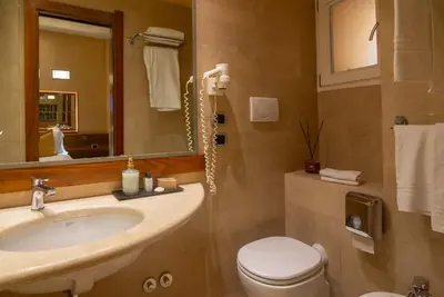a bathroom with a sink and a toilet and a mirror at Hotel Tritone in Rome