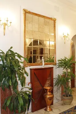 a mirror on a wall next to a table with plants at Hotel Pace Helvezia in Rome