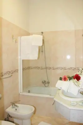 a bathroom with a shower and a toilet and a sink at Hotel Mirage in Rome