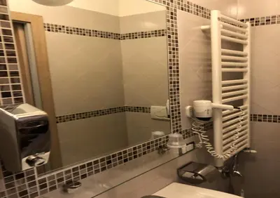 a bathroom with a shower and a toilet and a mirror at Hotel Elide in Rome