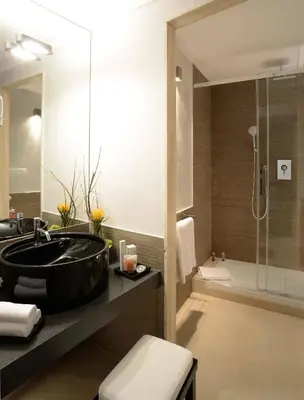 a bathroom with a black sink and a shower at Colonna Palace Hotel in Rome