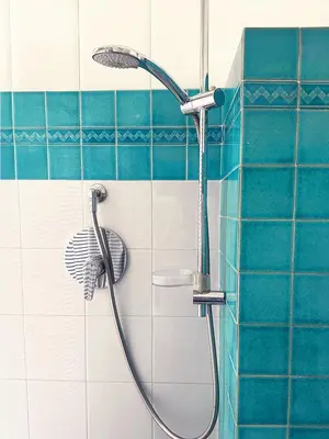 a shower in a bathroom with blue and white tiles at House Montebello in Rome