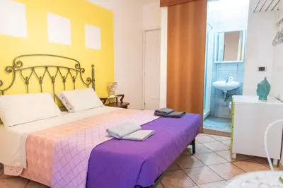 a bedroom with a large bed with a purple blanket at fruitroom rome in Rome