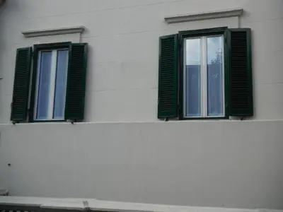 two windows on the side of a building with green shutters at Domi Aloisii in Rome
