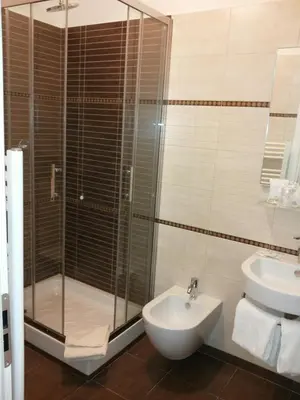 a bathroom with a shower and a sink and a toilet at Manila Inn in Rome