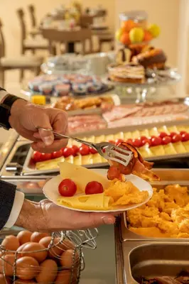 a person holding a plate of food with a fork and knife at Hotel Colosseum in Rome