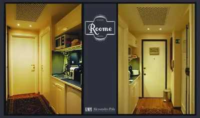 two pictures of a kitchen with a room at Roome B&B in Rome